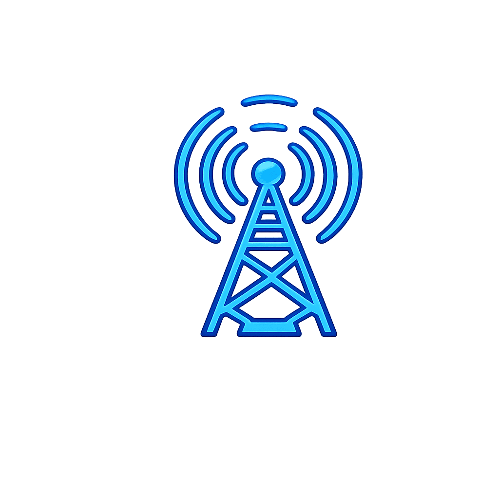 Blue wireless tower with radio waves
