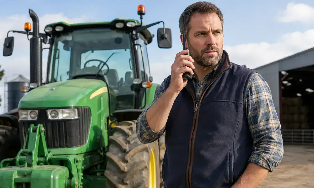 A image of a farmer in front of his tractor on his two way radio A image of a farmer in front of his tractor on his two way radio