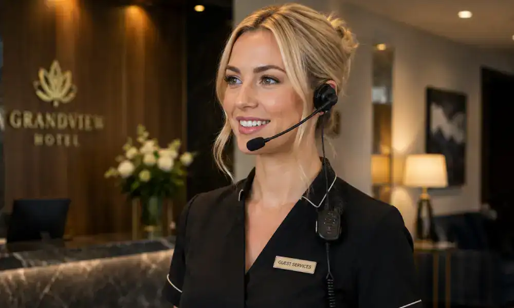 a hotel manager wearing a 2 way radio headset Picture of a hotel manager wearing a 2 way radio headset