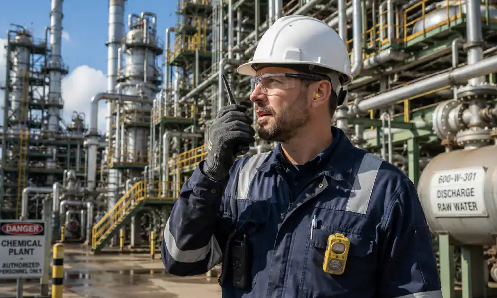 chemical worker Industrial worker using a two-way radio at chemical plant.