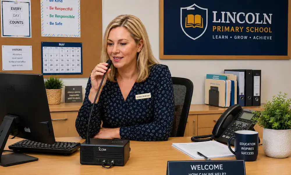 school two way radio A picture of a School secretary at the front desk on a dcs two way radio