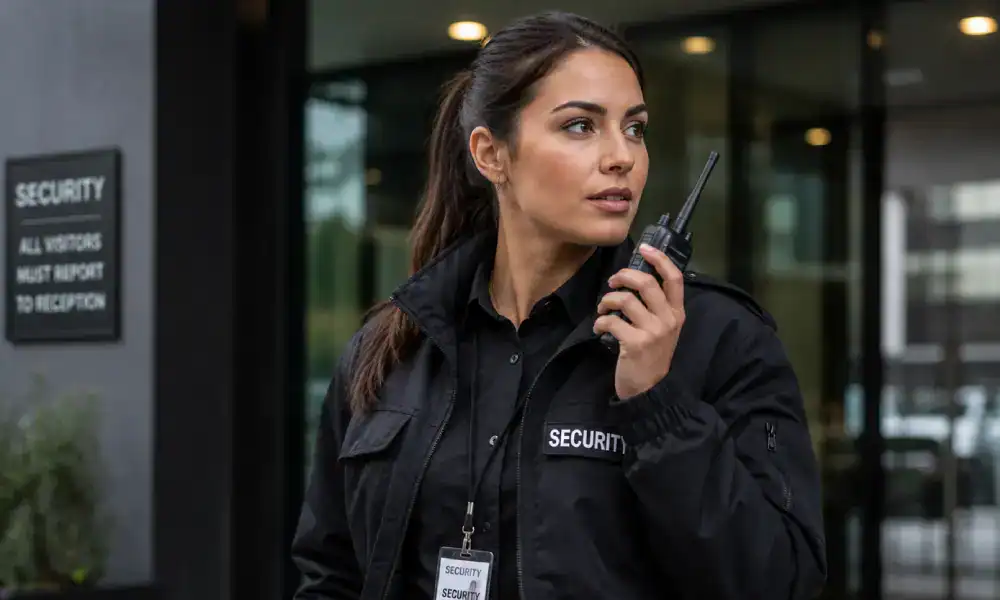 security woman security person on one of dcs two way radios