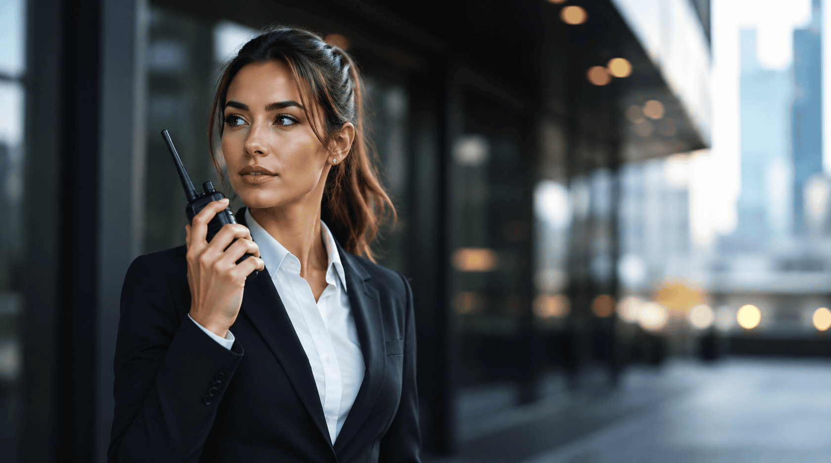 two-way radio services Secuirty woman on wilkie talkie