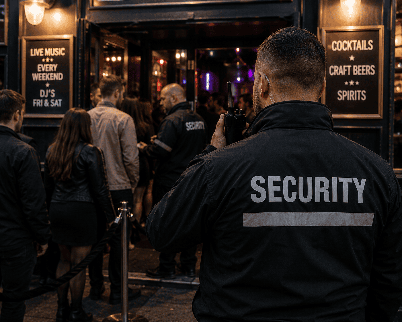 Busy nightclub entrance at night Flood response in action on rainy street