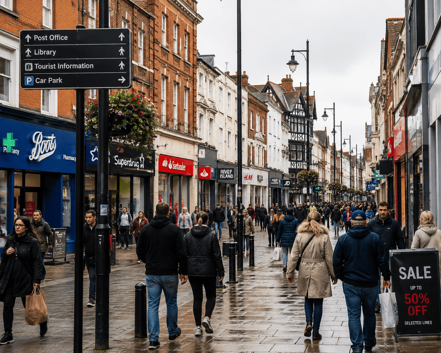 Busy shopping street on a cloudy day Street