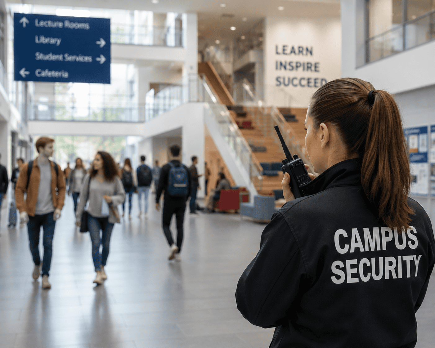 Campus security in a busy corridor Campus security in a busy corridor