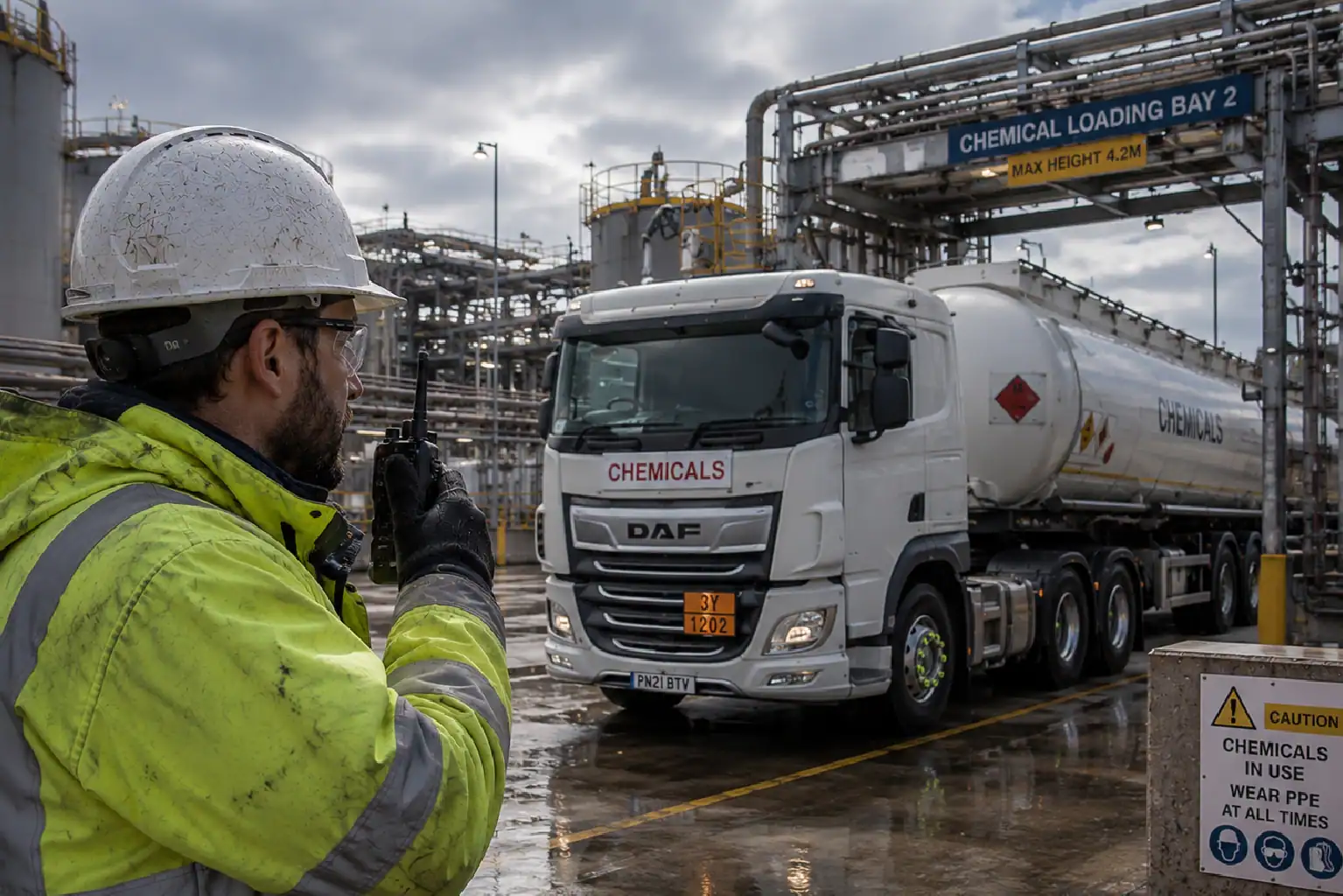 Chemical plant worker in loading bay Winter gritting truck in snowy landscape