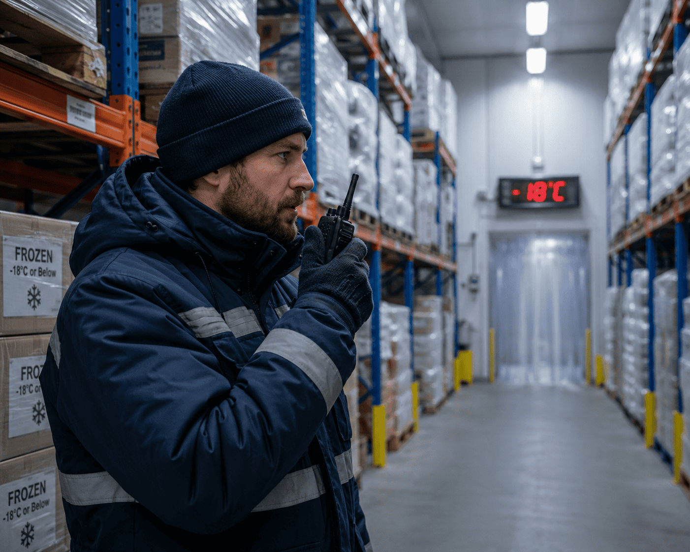 Cold storage warehouse with worker at radio snow plough