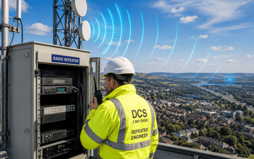 Communications tower and technician in action