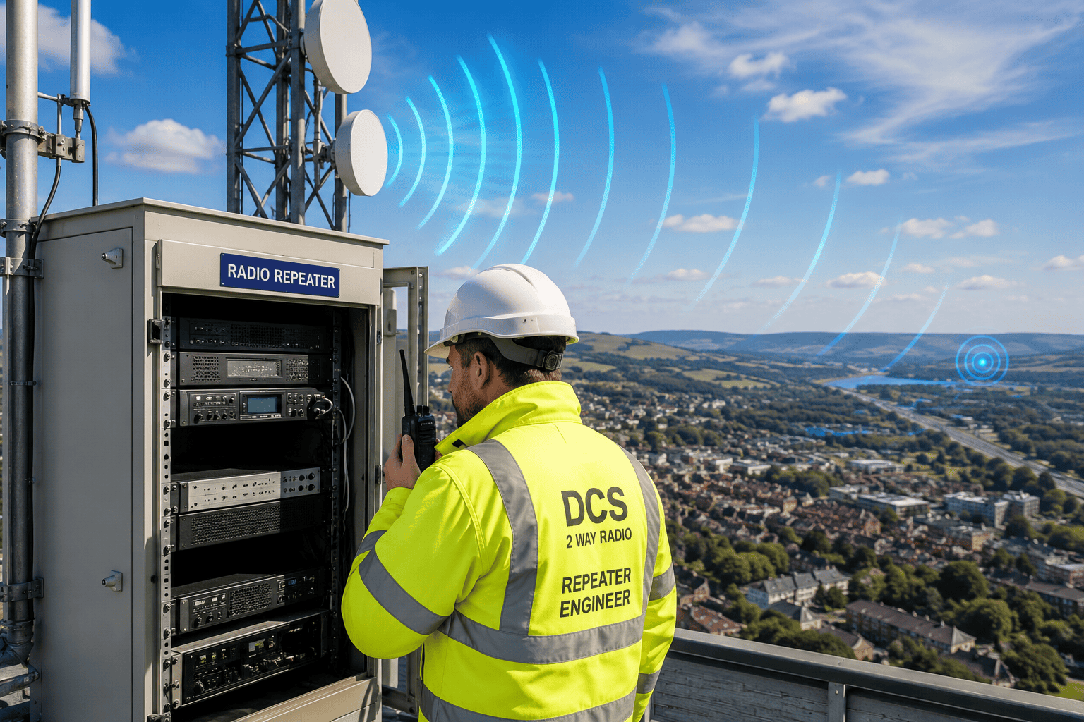 Communications tower and technician in action Communications tower and technician in action
