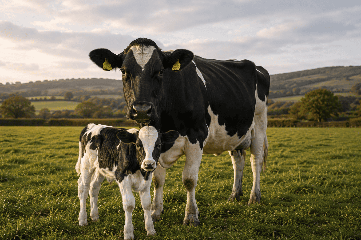 Dairy cow and calf at sunset Dairy cow and calf at sunset
