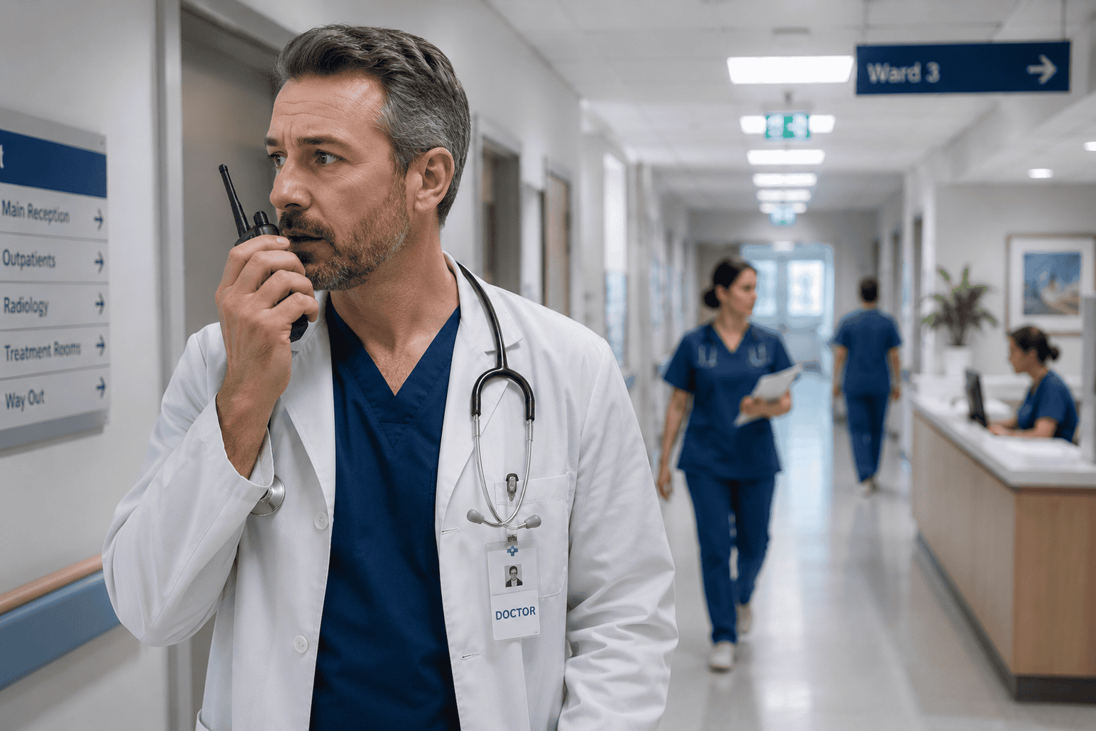 Doctor communicating in hospital corridor Doctor communicating in hospital corridor