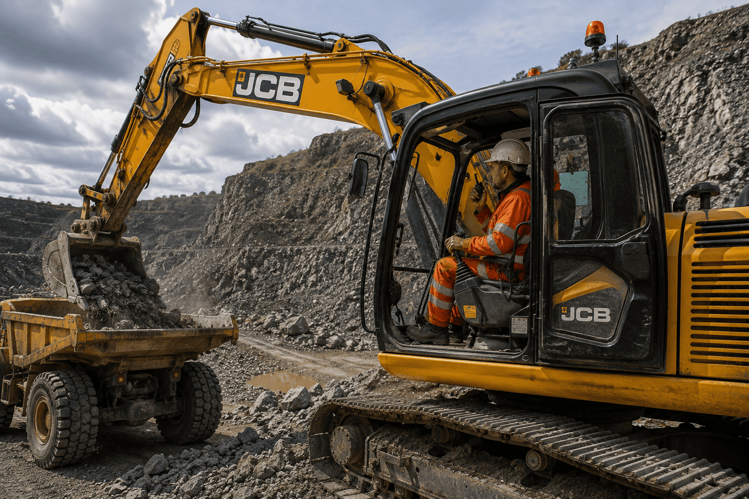 Excavator in action at quarry woman on two way radio