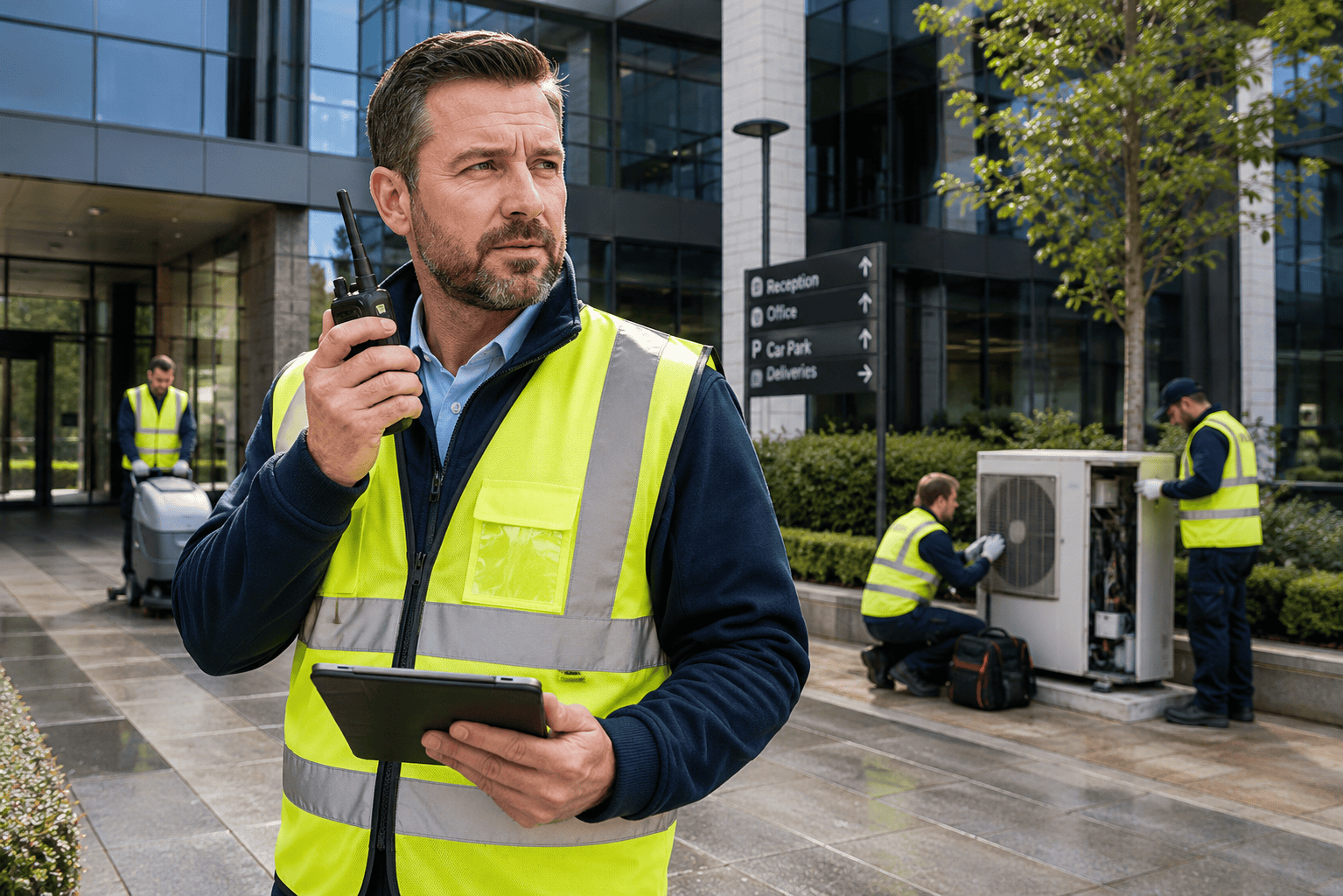 Facilities management in action Man using DCS 2 Way Radio outside modern office building.