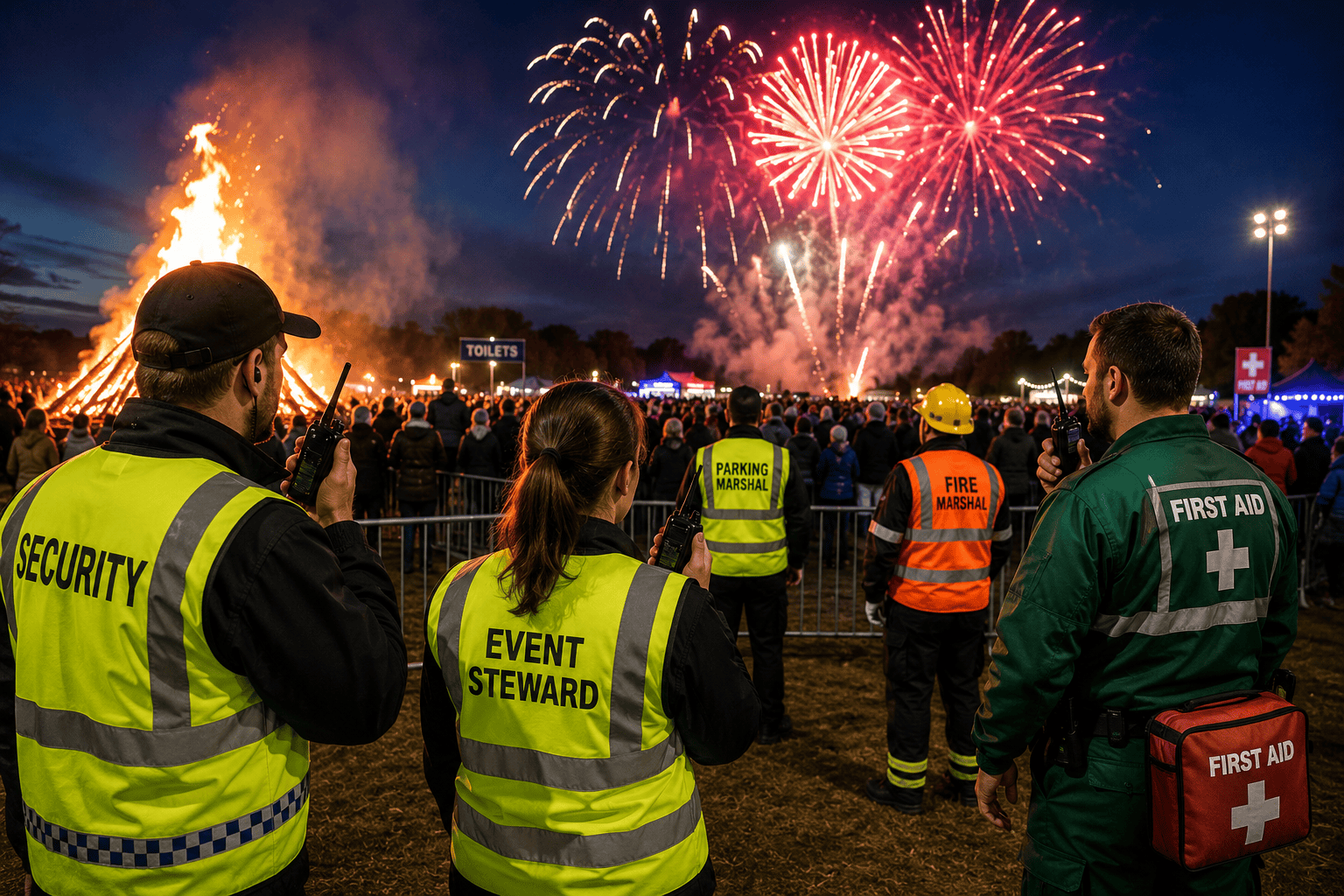 Festival night with fireworks and stewards Festival night with fireworks and stewards