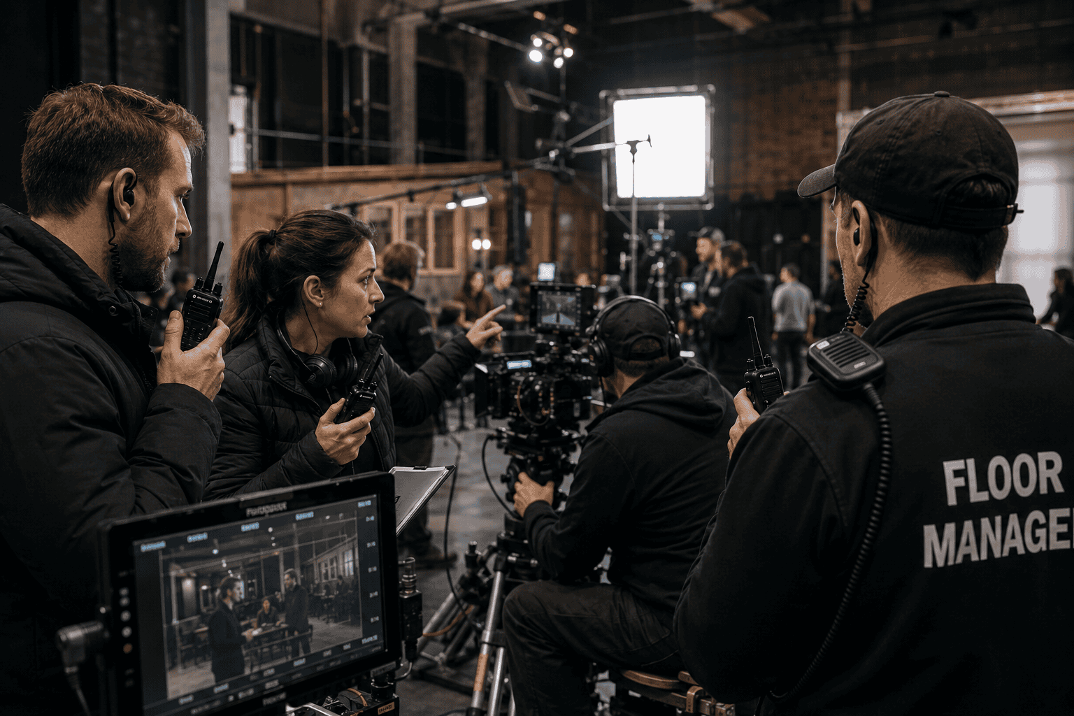 Film set in action using two way radios Film set in action using two way radios