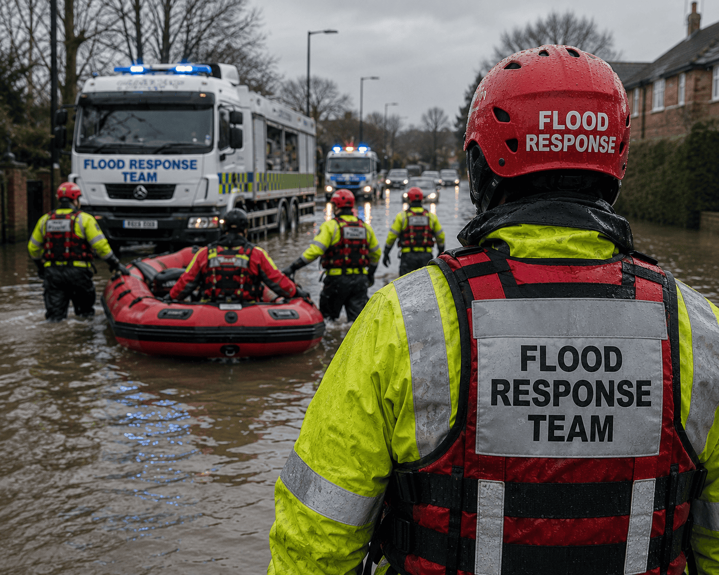 Flood response in action on rainy street Flood response in action on rainy street