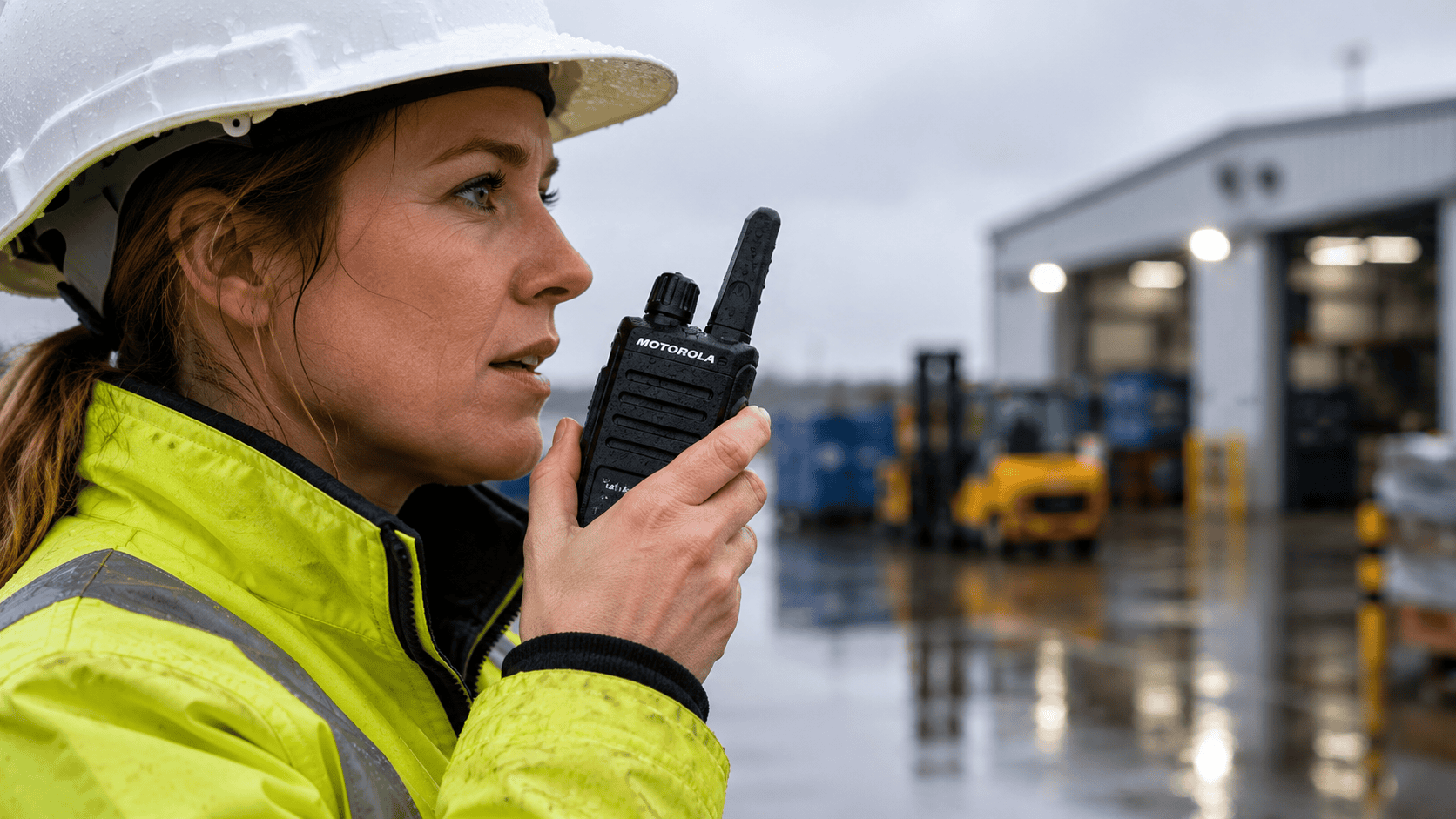 Focused at work on a radio in rain Focused at work on a radio in rain