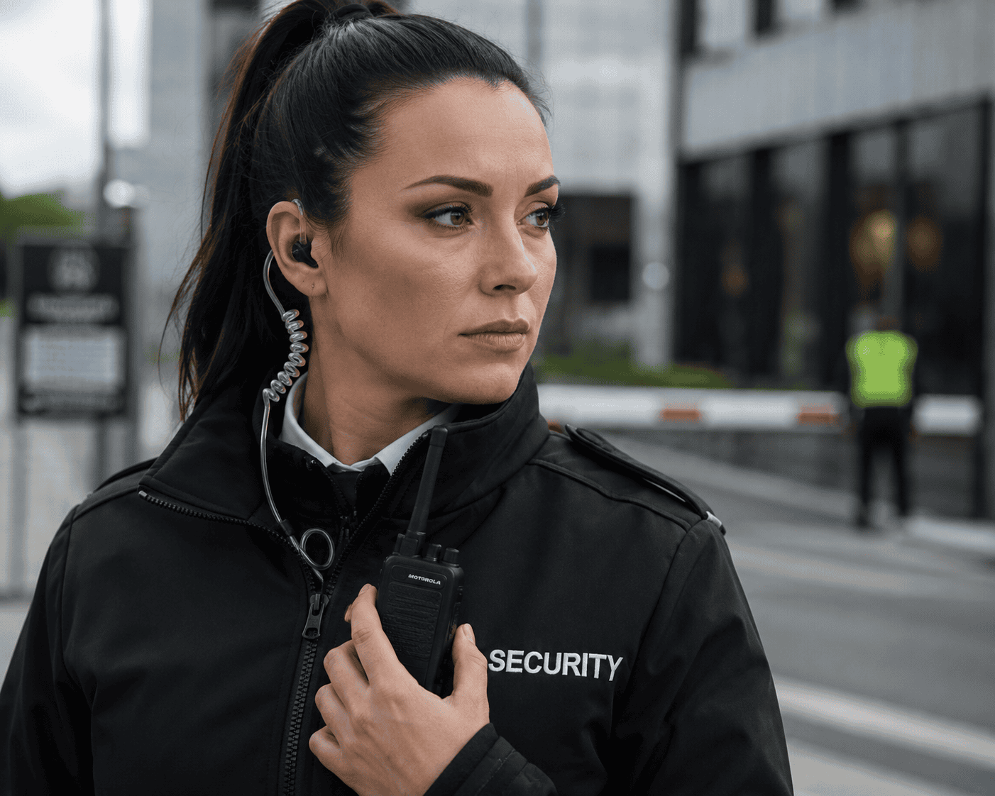 Focused security guard at entrance