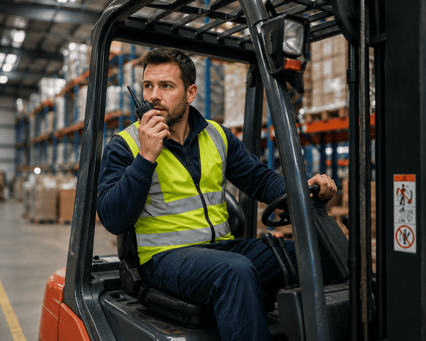 Forklift operator in industrial warehouse Forklift operator in industrial warehouse
