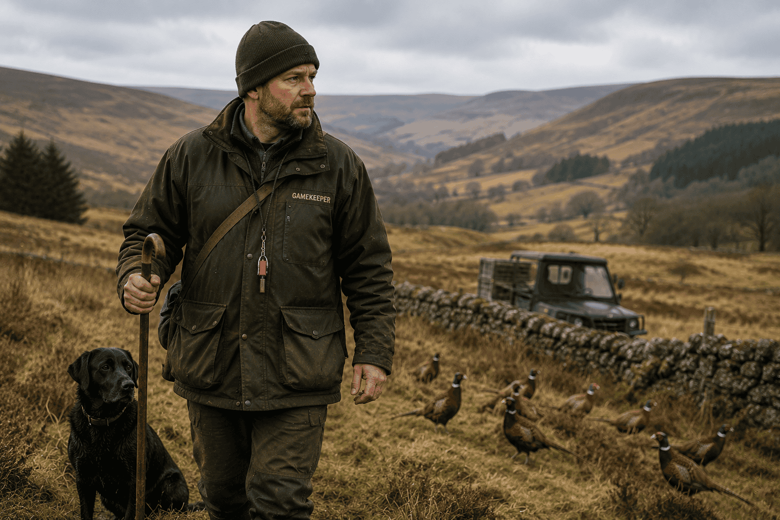 Gamekeeper on the moorland with dogs Man with DCS 2 Way Radio in outdoor hunting landscape with dog and game birds.