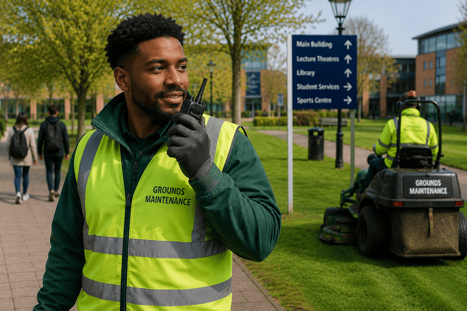 Groundskeeper on a vibrant campus day Groundskeeper on a vibrant campus day