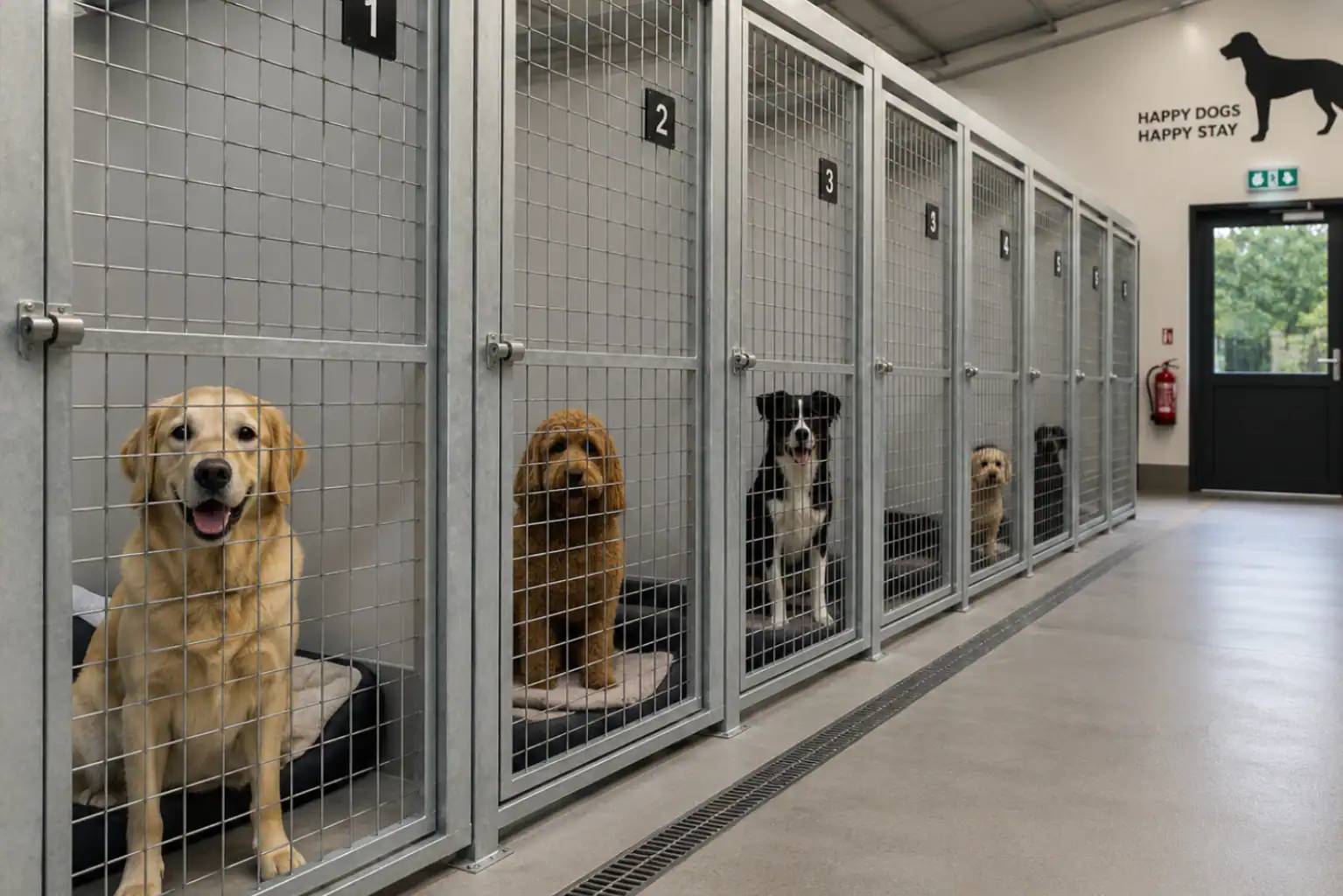 Happy dogs in a kennel Happy dogs in a modern kennel