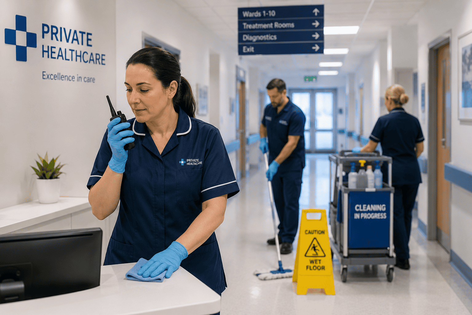 Hospital corridor with cleaning staff in action Modern hospital reception and corridor