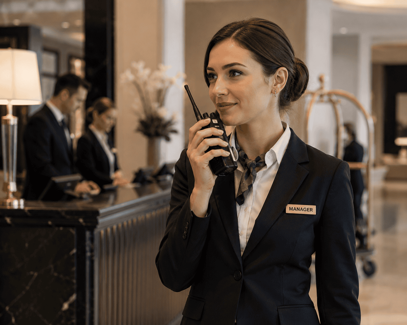 Hotel manager in bright reception area Hotel receptionist using a DCS 2 Way Radio for communication.