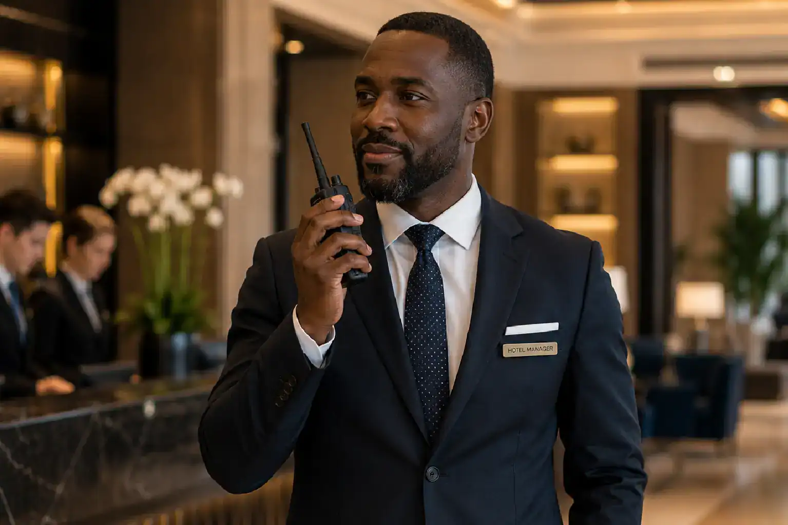 Hotel manager in upscale lobby woman on two way radio