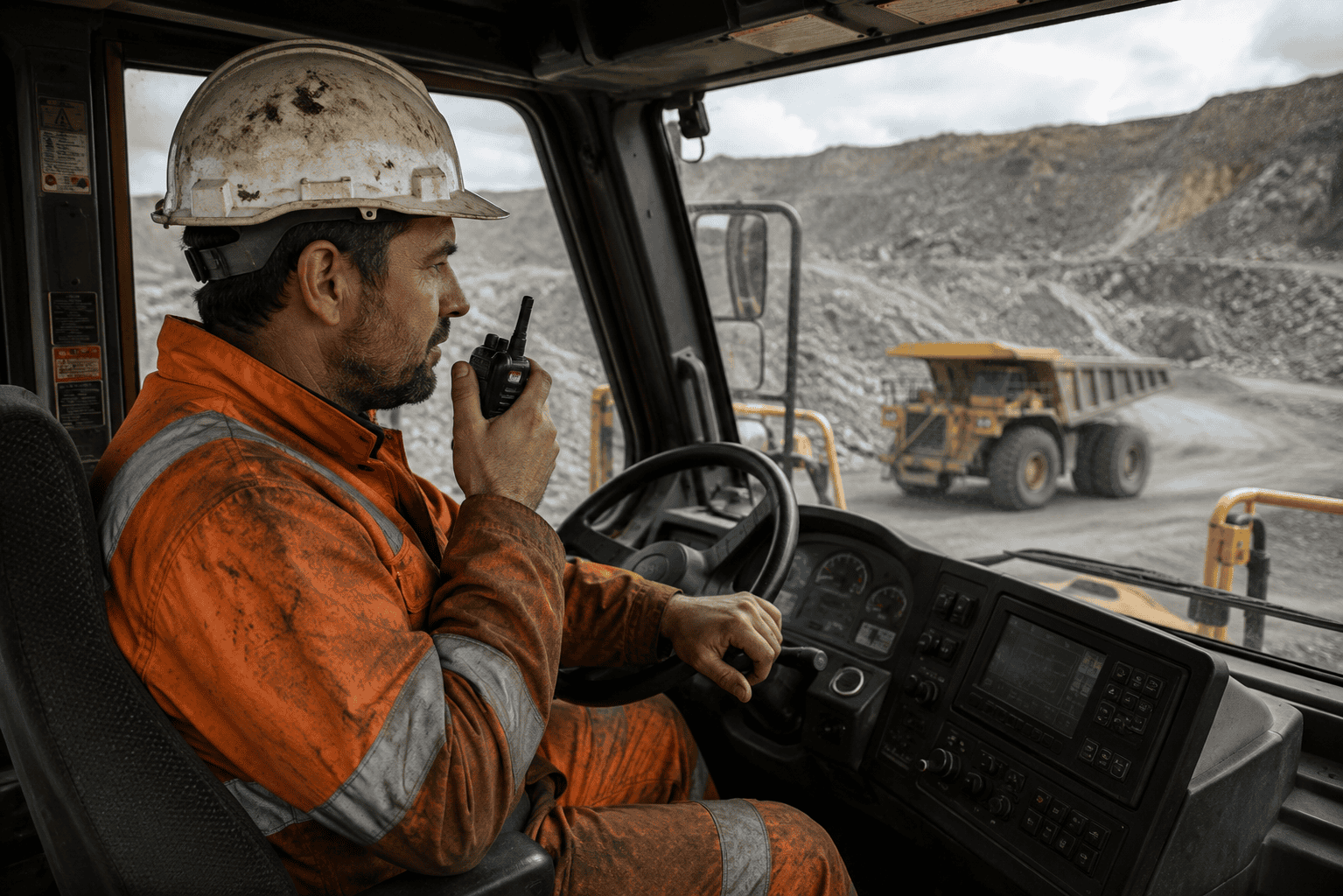 Inside the mining vehicle cab Inside the mining vehicle cab