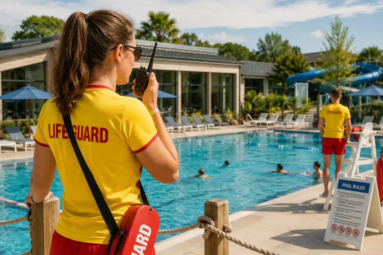 Lfeguard overseeing resort pool scene Lifeguard using a two-way radio at a swimming pool.