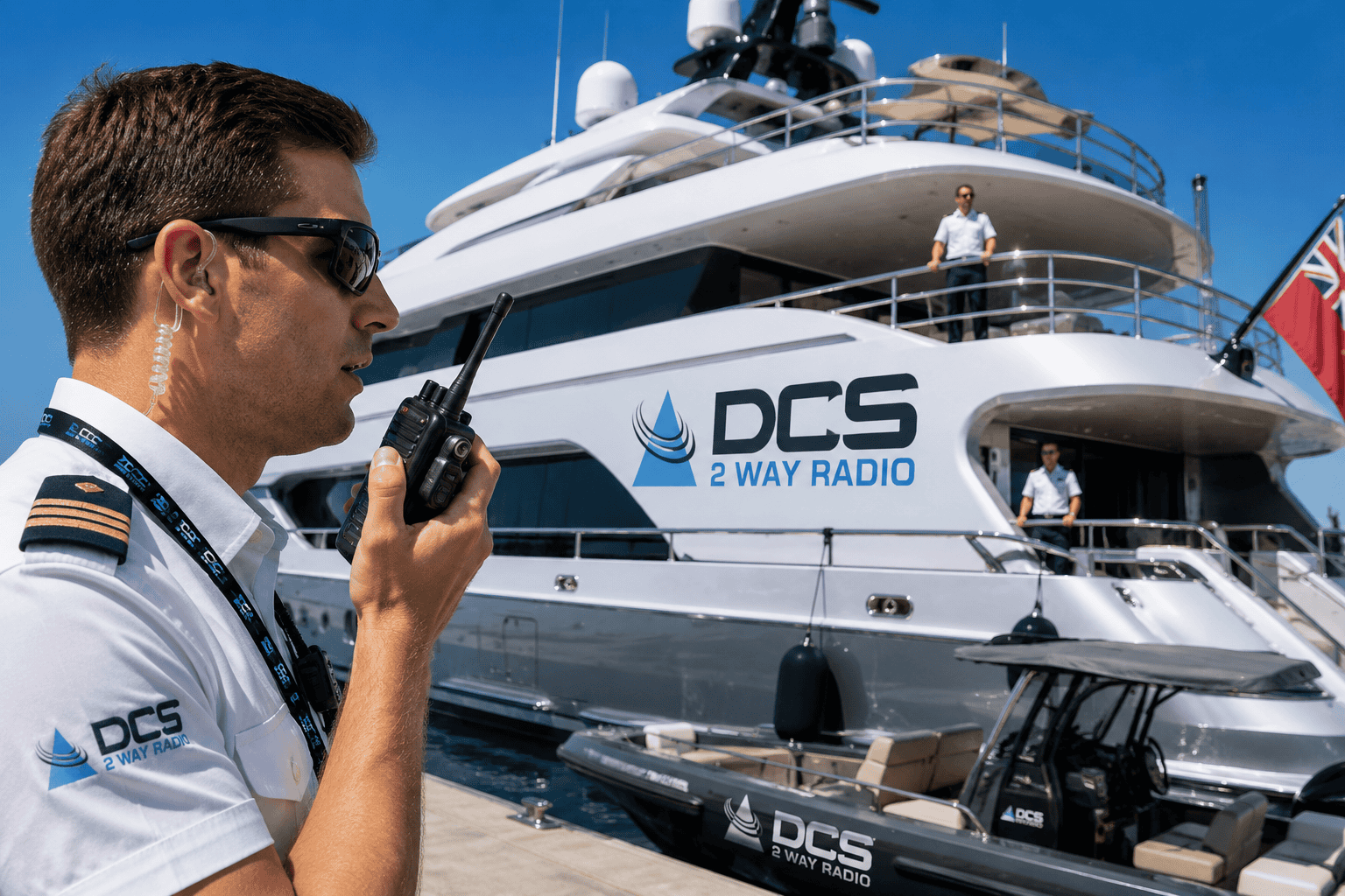 Luxury yacht at dock with crew Luxury yacht at dock with crew