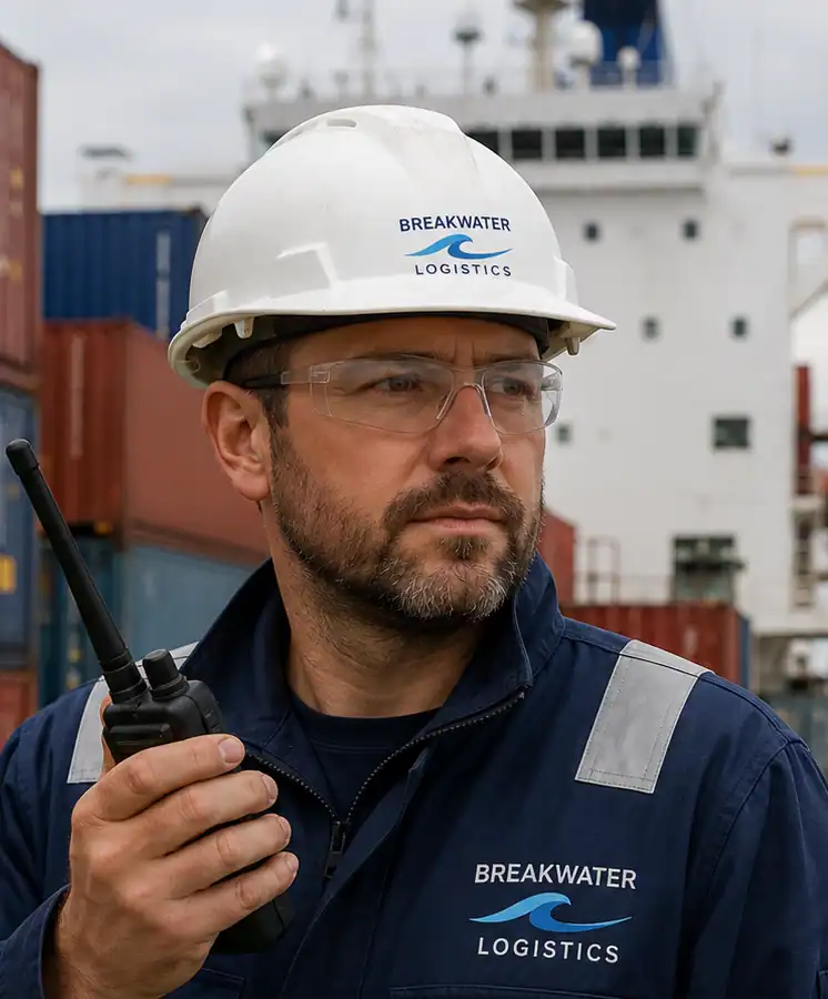 Maritime worker on cargo ship deck Maritime worker on cargo ship deck
