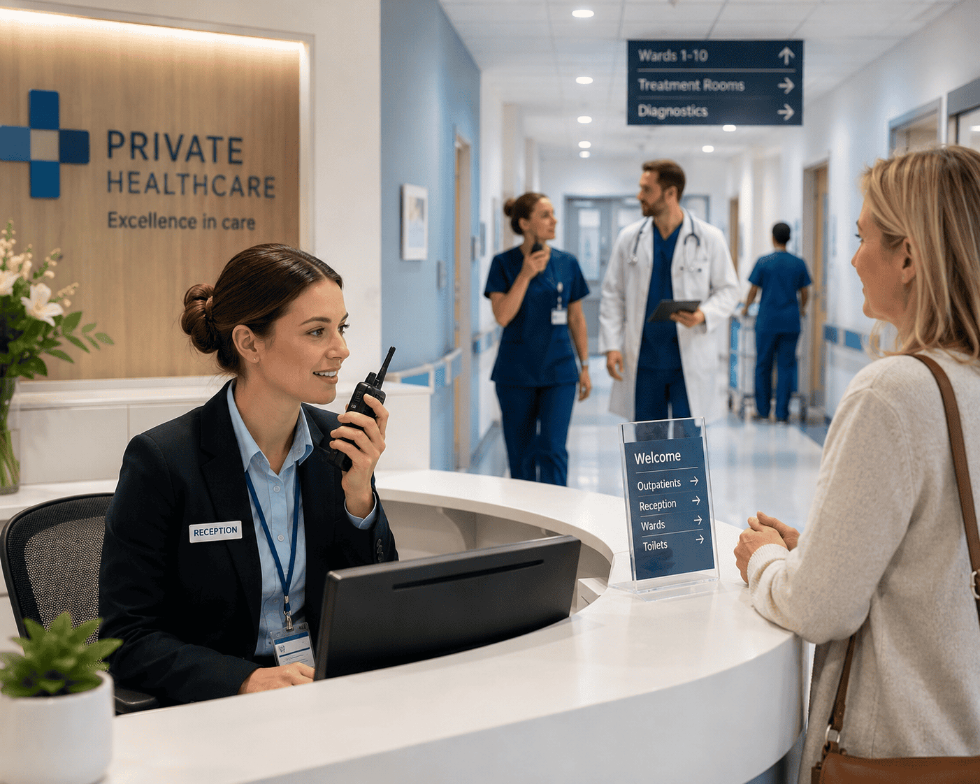 Modern hospital reception and corridor Modern hospital reception and corridor