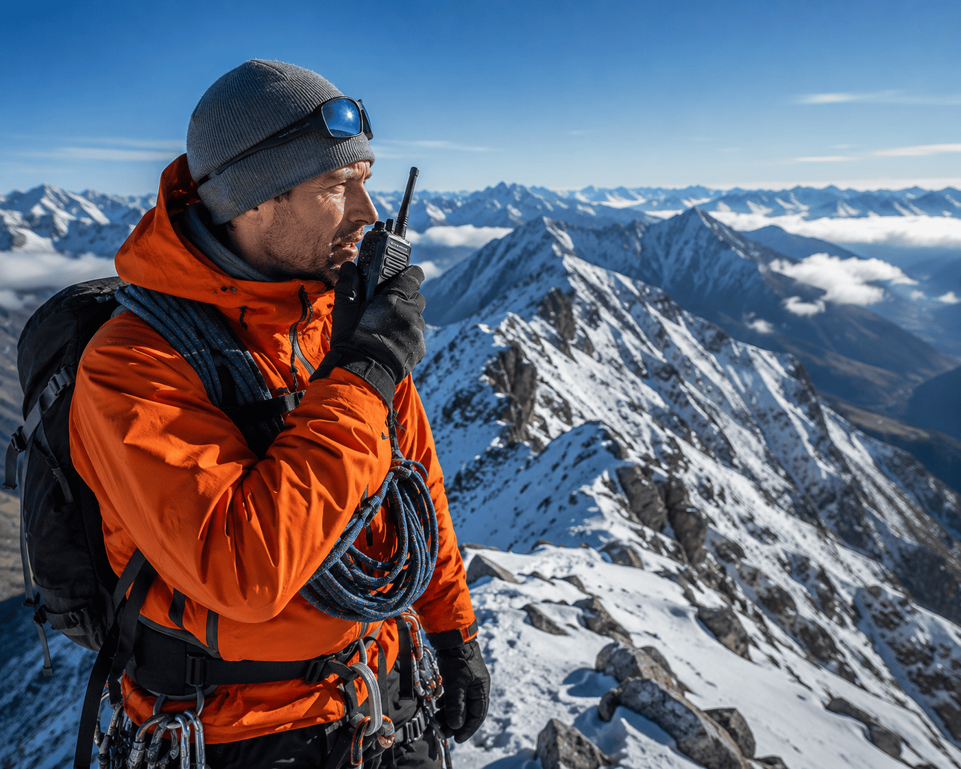 Mountain guide on snowy alpine ridge Mountain guide on snowy alpine ridge