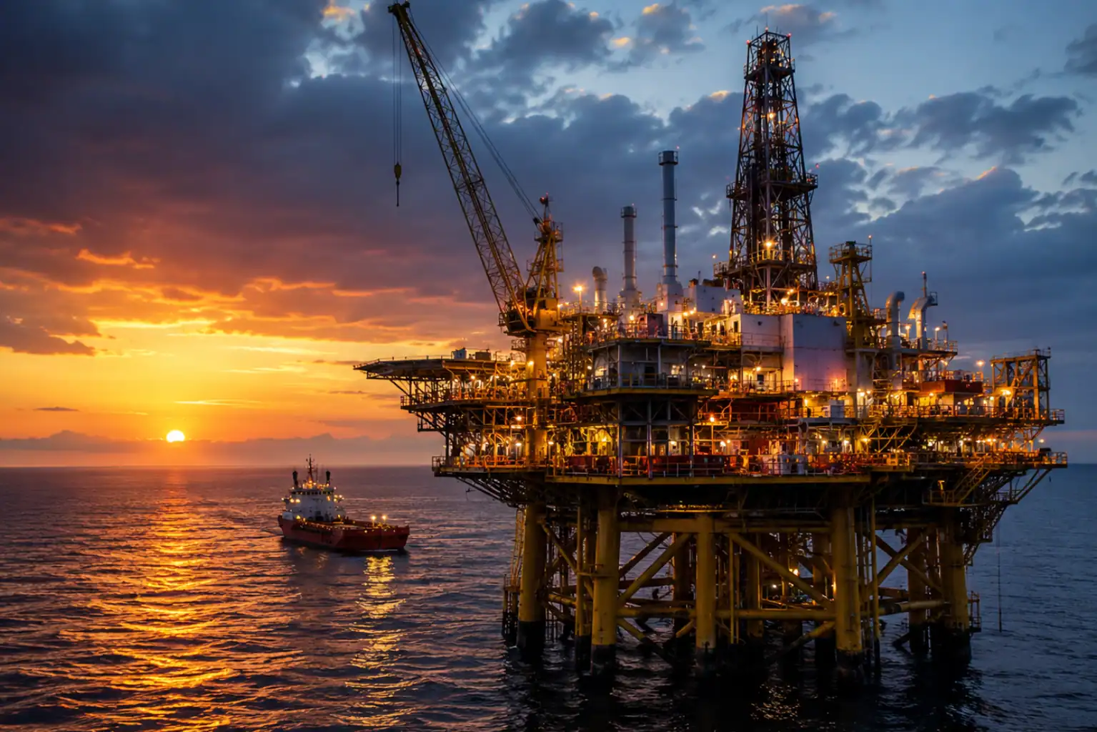 Offshore rig at sunset over sea Offshore rig at sunset over sea