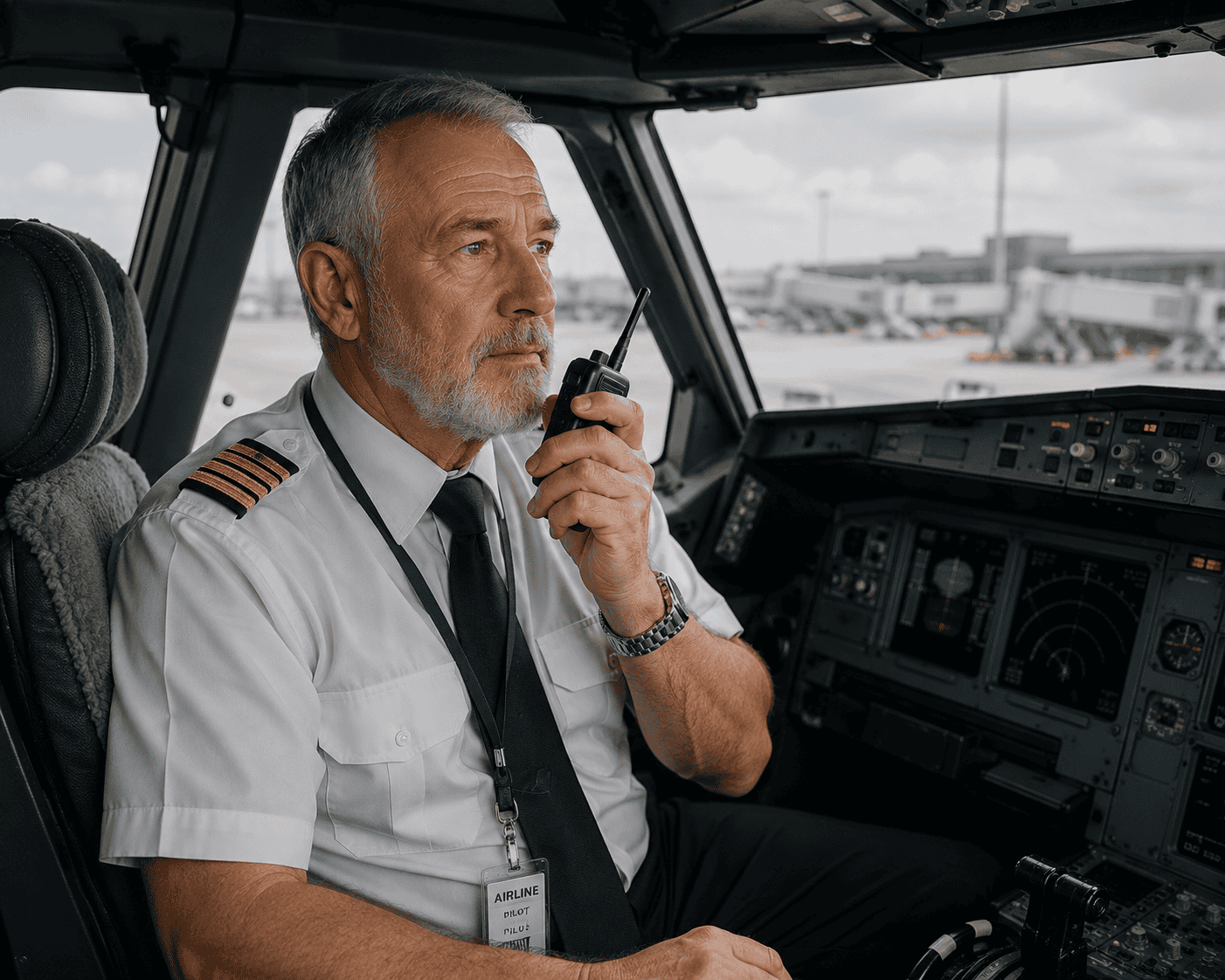 Older pilot in cockpit Older pilot in cockpit