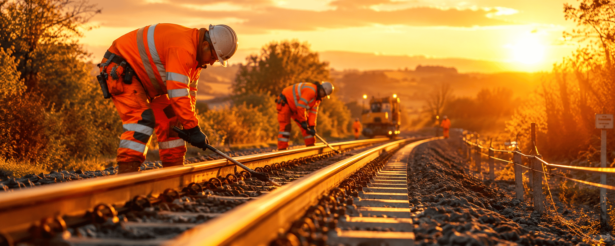 Railway workers at sunset on track