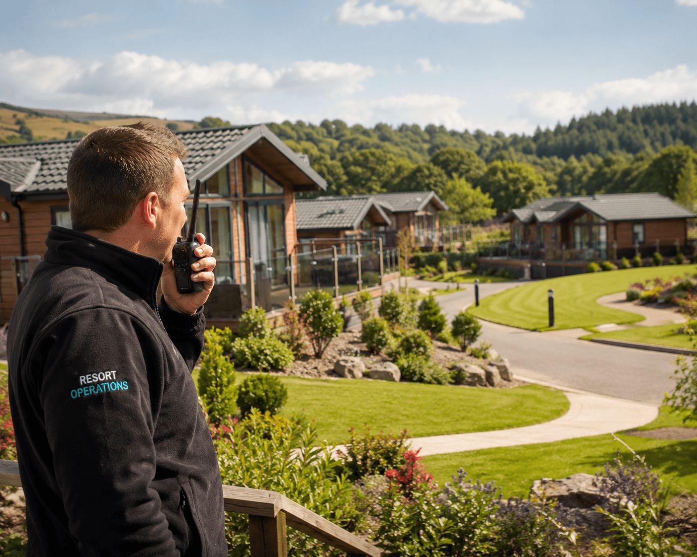 Resort operations under sunny skies Resort staff using DCS 2 Way Radio for communication in scenic outdoor setting.