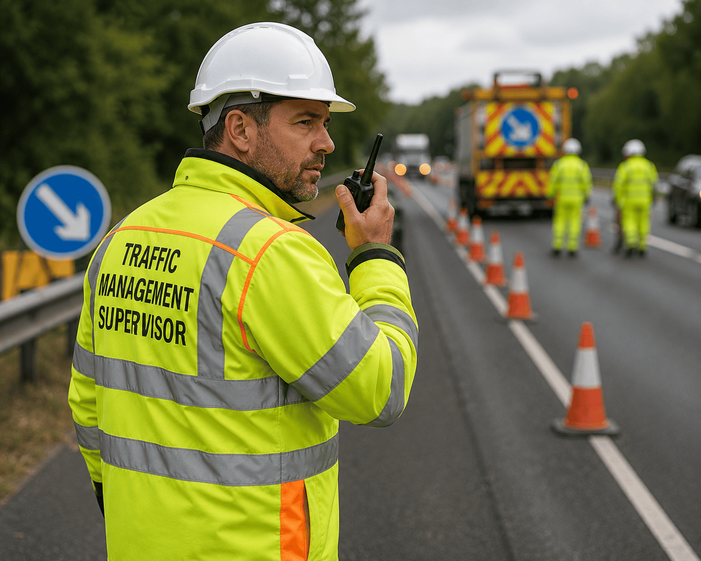 Roadworks supervisor on site in action Roadworks supervisor on site in action