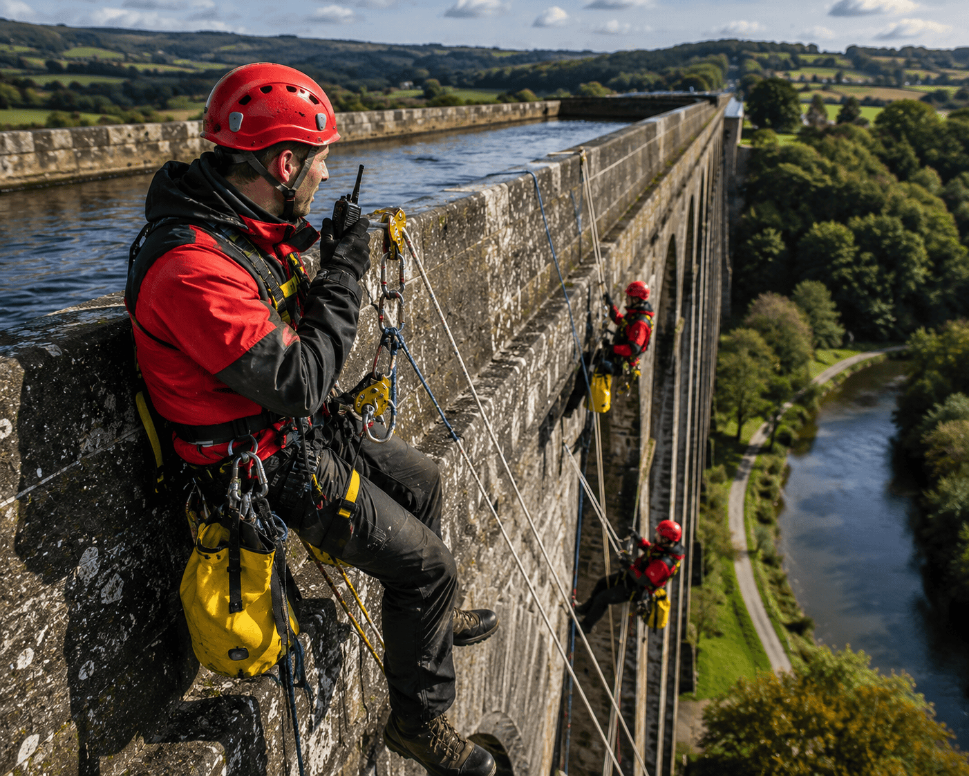 Rope access workers over viaduct Rope access workers over viaduct