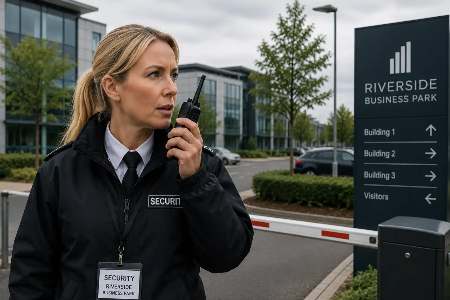 Security guard at Riverside Business Park entrance About DCS Banner
