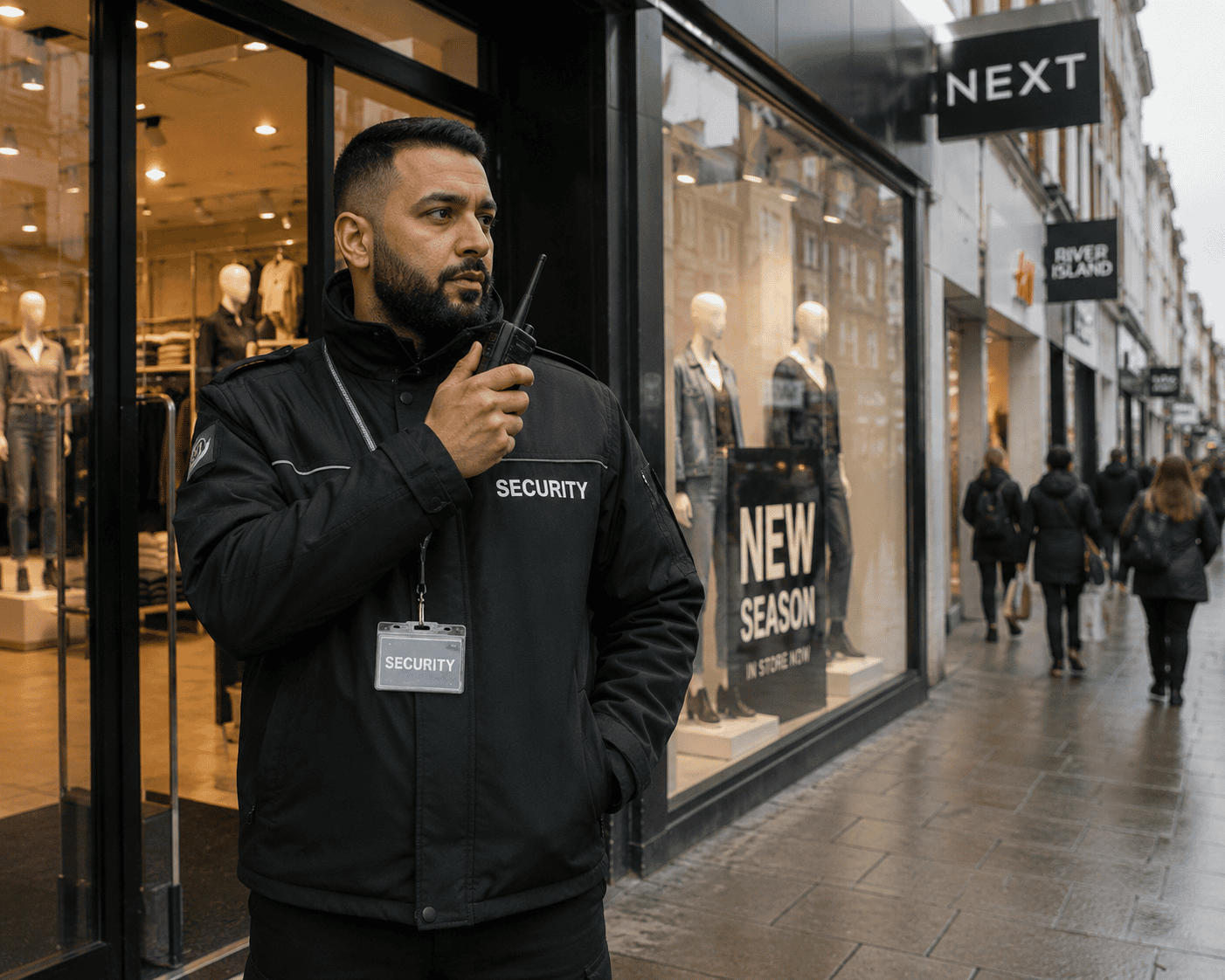 Security outside retail store Security guard outside busy retail store
