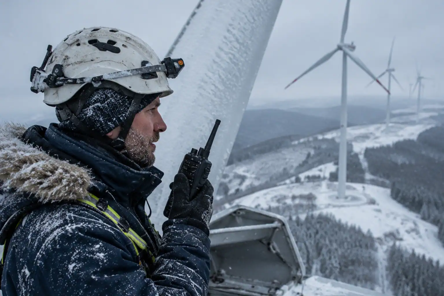 Snowy wind turbine maintenance in winter wind turbine maintenance
