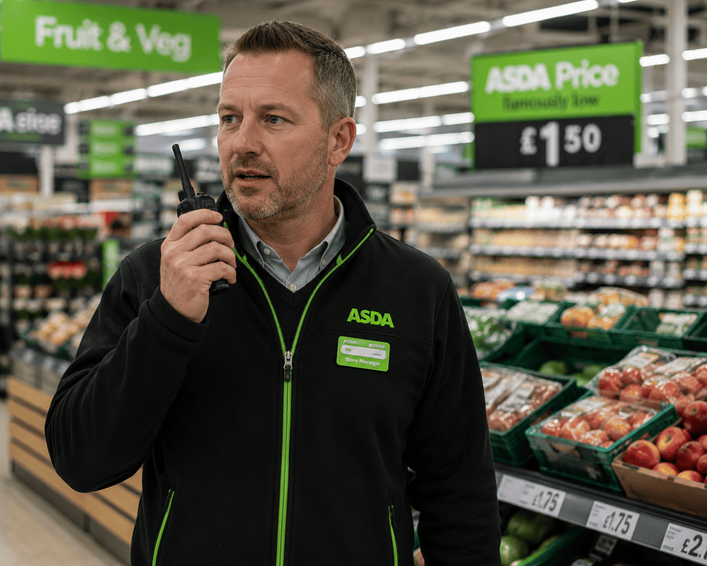 Store manager coordinating in produce section amusement park