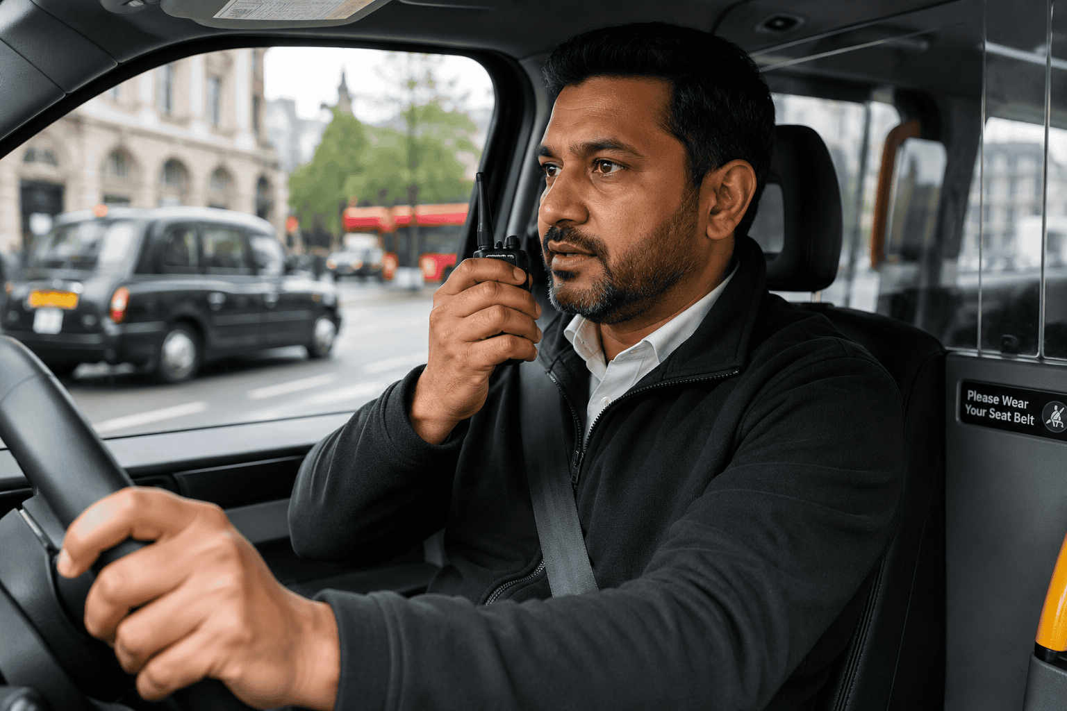 Taxi driver communicating on the radio Taxi driver communicating on the radio