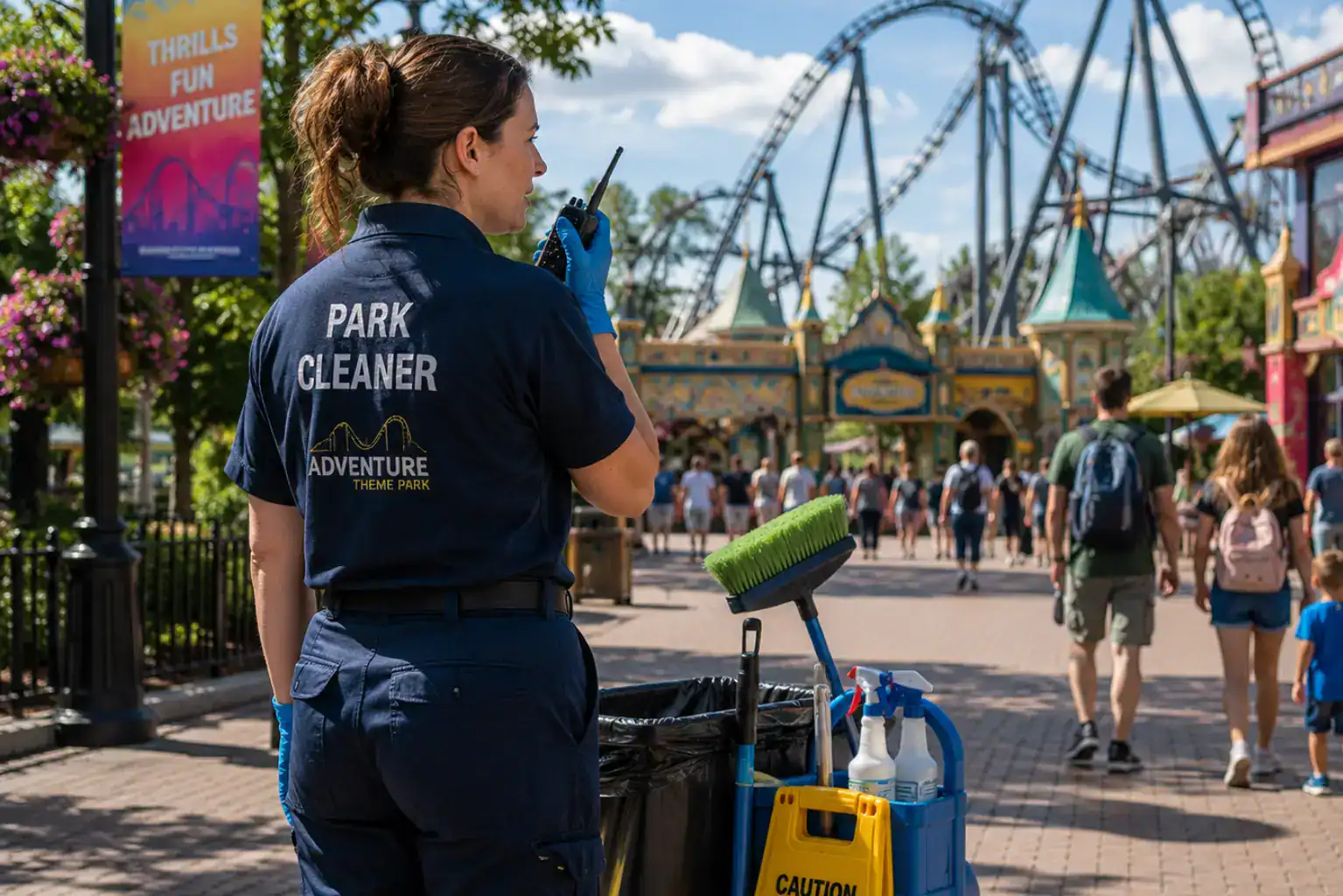 Theme park worker at bustling attraction Theme park worker at bustling attraction