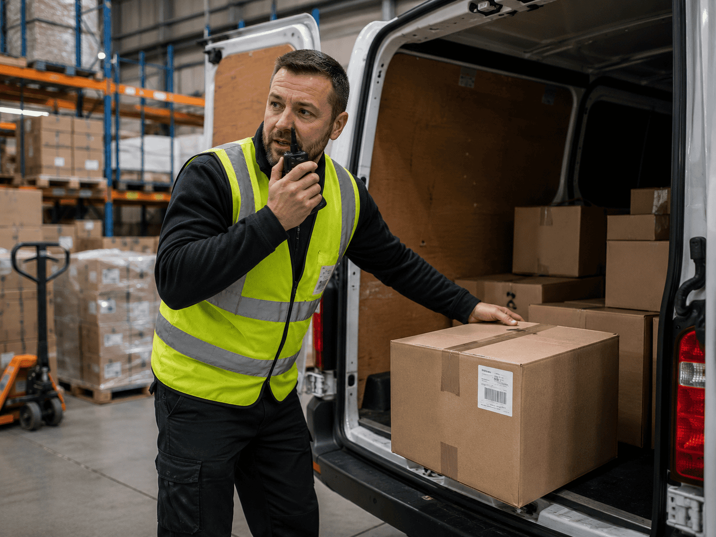 Warehouse worker loading cargo van Warehouse worker loading cargo van