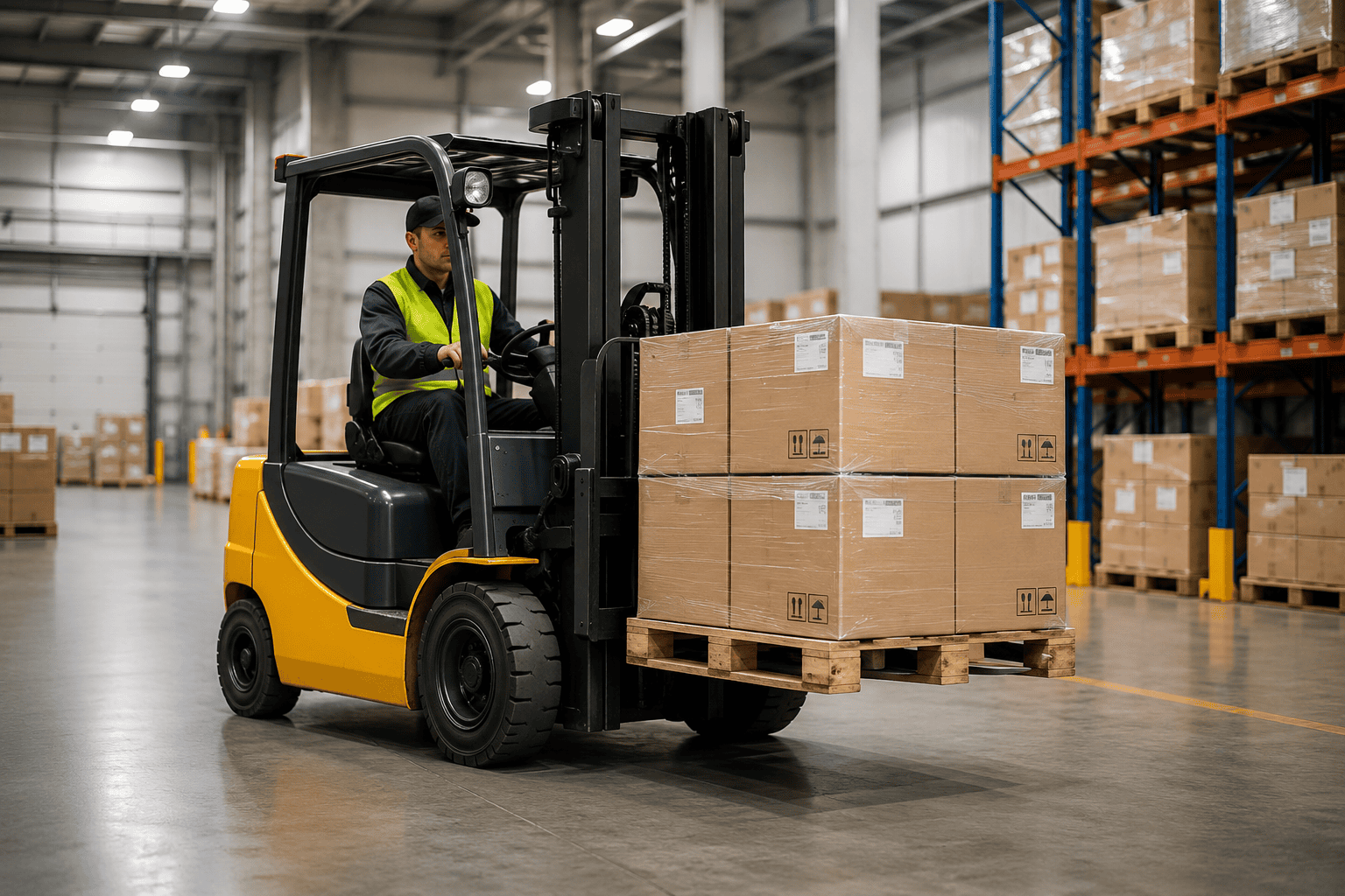 Warehouse worker operating forklift in industrial space Warehouse worker operating forklift in industrial space